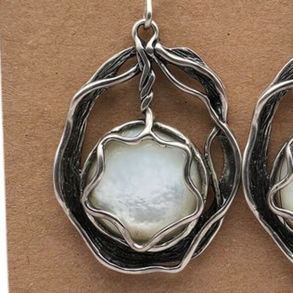 Mother of Pearl Cabachon C&H Sterling Silver Dangle Vintage Earrings - Picture 5 of 8